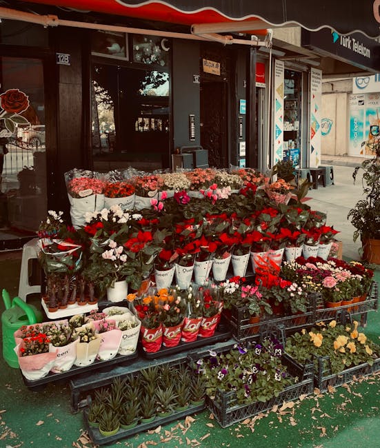 An outdoor flower display in front of a shop featuring a variety of fresh flowers arranged in buckets and crates. The display includes vibrant red roses, pink tulips, white daisies, and small potted p
