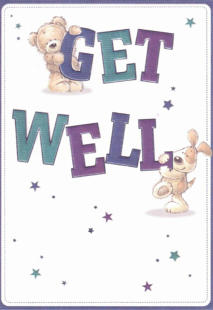 Gentle kindness radiates from this delightful get well card, where a plush bear and an animated puppy bring heartfelt encouragement to the fore. Surrounded by a constellation of teal and purple stars, their expressions brim with joy and support, evoking the quiet care often exchanged along the leafy avenues of Crouch End. The typography-oversized and shaded in garden-inspired hues of aqua and violet-anchors the design in a mood of cheerful reassurance. There's a tactile quality to the artwork: the bear's fluffy coat and the puppy's floppy ears invite the mind to reach out and touch, as soothing as a fresh bouquet from Haringey's beloved florists. Visual harmony between the confident message and playful companionship promises to lift spirits, wrapped in the same genuine warmth as a neighbourly gesture or a hand-delivered floral gift. The light, airy design provides the perfect touch of hope for anyone healing in the heart of Haringey.